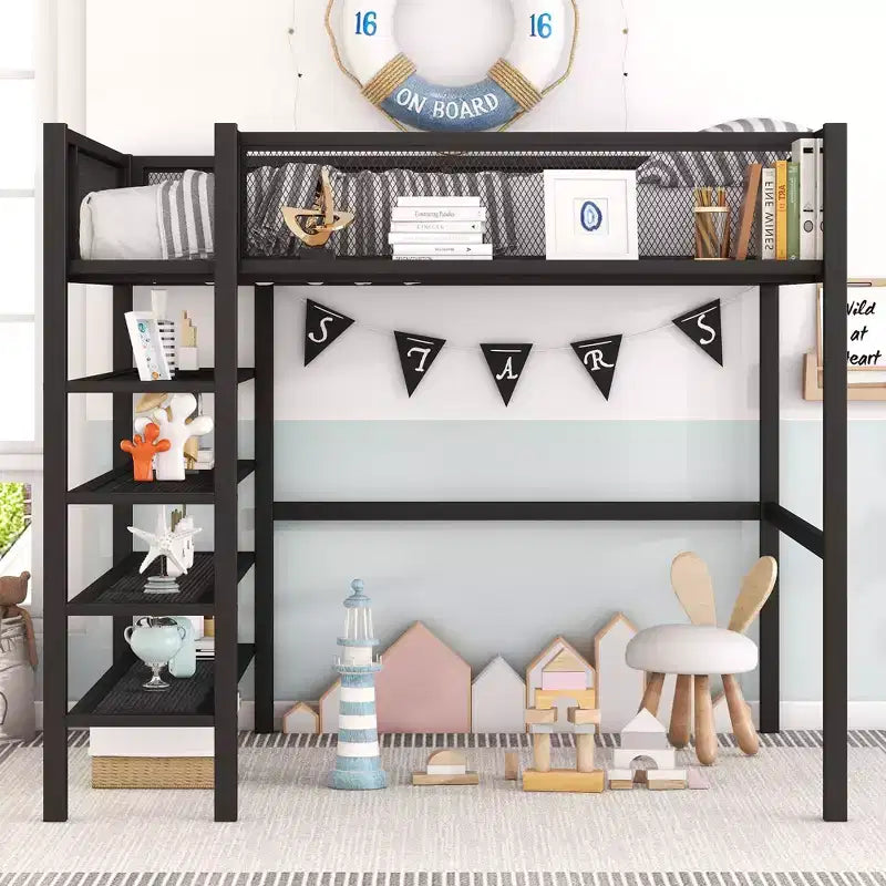 GDFStudio Landon Full Size Metal Loft Bed with 4-Tier Shelves and Storage