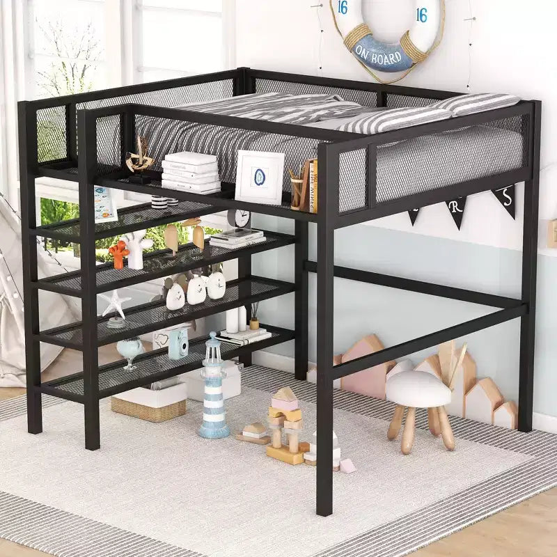 GDFStudio Landon Full Size Metal Loft Bed with 4-Tier Shelves and Storage