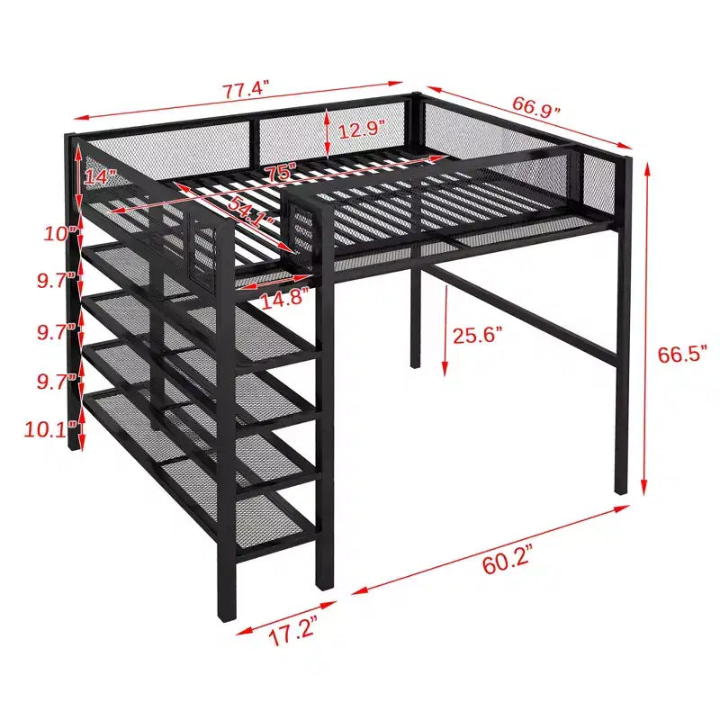 GDFStudio Landon Full Size Metal Loft Bed with 4-Tier Shelves and Storage