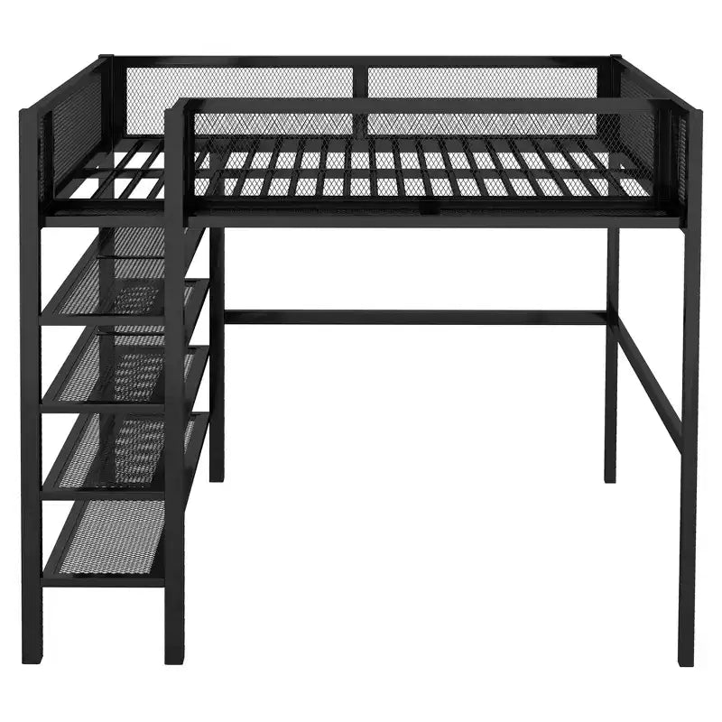GDFStudio Landon Full Size Metal Loft Bed with 4-Tier Shelves and Storage