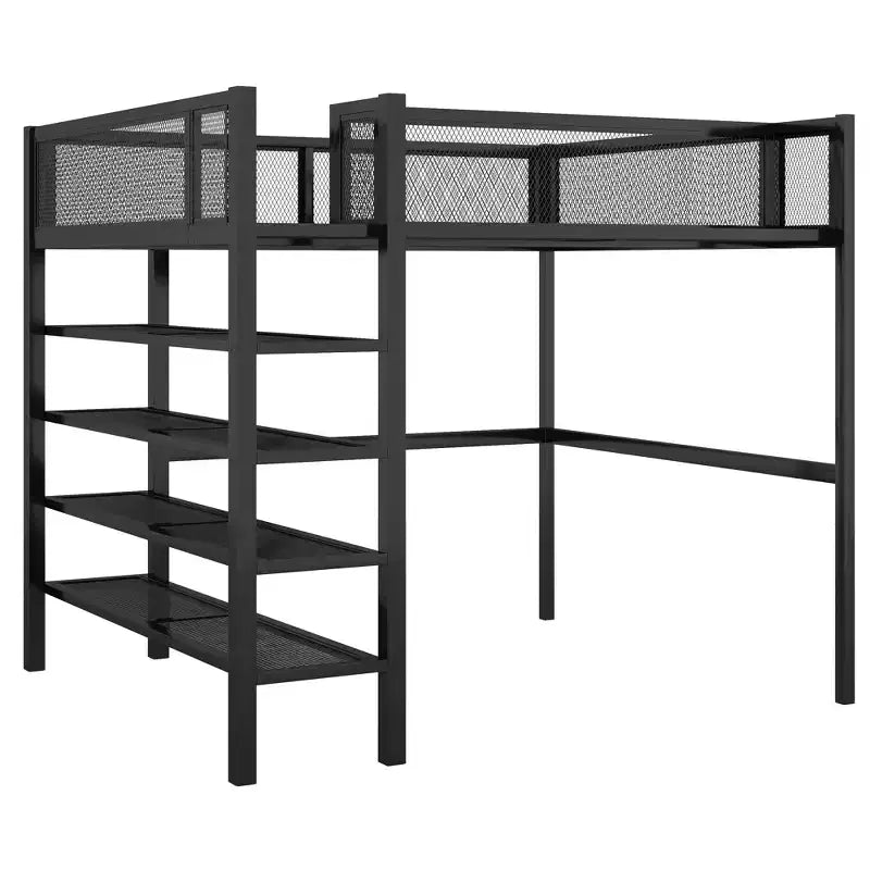 GDFStudio Landon Full Size Metal Loft Bed with 4-Tier Shelves and Storage
