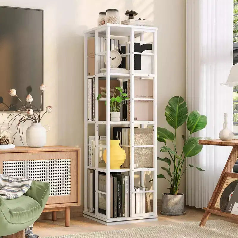 4-Tier Rotating Bookshelf, 360 Display Bookshelf Tower, Freestanding Book Storage Rack or Living Room Bedroom Apartment(15.75''x15.75''x53.94)