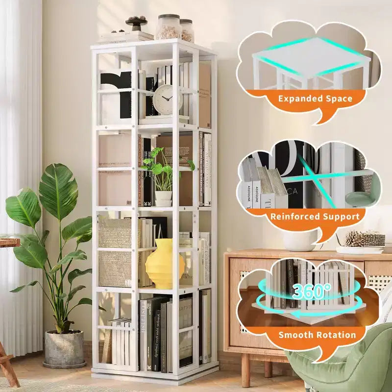 4-Tier Rotating Bookshelf, 360 Display Bookshelf Tower, Freestanding Book Storage Rack or Living Room Bedroom Apartment(15.75''x15.75''x53.94)