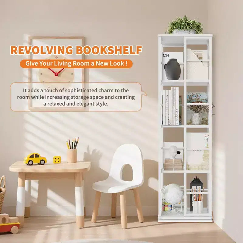 4-Tier Rotating Bookshelf, 360 Display Bookshelf Tower, Freestanding Book Storage Rack or Living Room Bedroom Apartment(15.75''x15.75''x53.94)