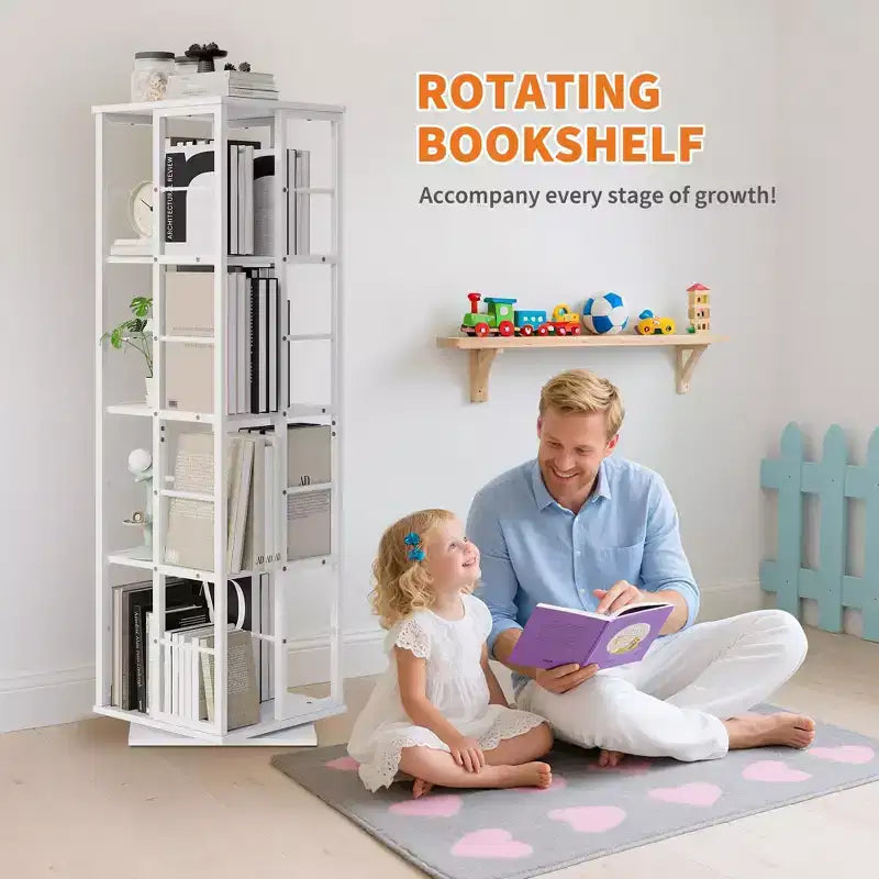 4-Tier Rotating Bookshelf, 360 Display Bookshelf Tower, Freestanding Book Storage Rack or Living Room Bedroom Apartment(15.75''x15.75''x53.94)