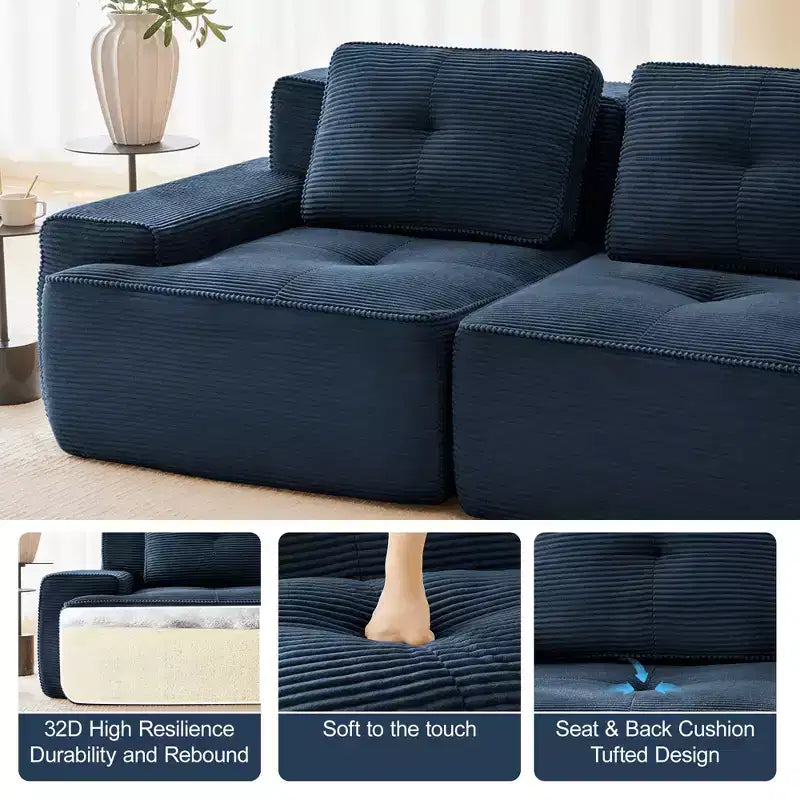 82 2-Seater Modern Camel L-Shaped Modular Sectional Sofa for Living Room, Corduroy Fabric Pearl-like piping Tufted Design No Assembly