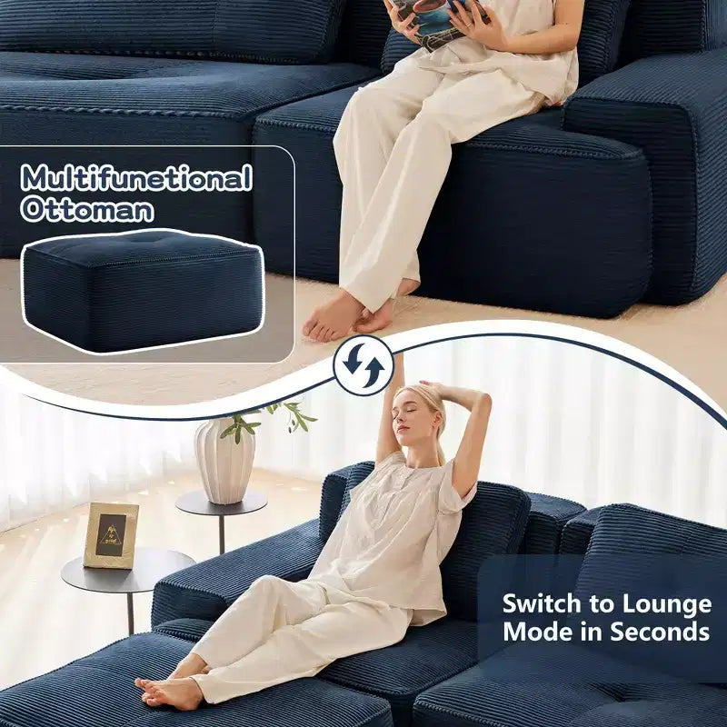 82 2-Seater Modern Camel L-Shaped Modular Sectional Sofa for Living Room, Corduroy Fabric Pearl-like piping Tufted Design No Assembly
