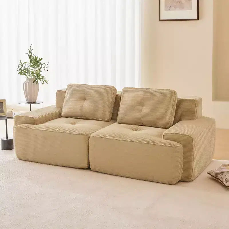 82 2-Seater Modern Camel L-Shaped Modular Sectional Sofa for Living Room, Corduroy Fabric Pearl-like piping Tufted Design No Assembly