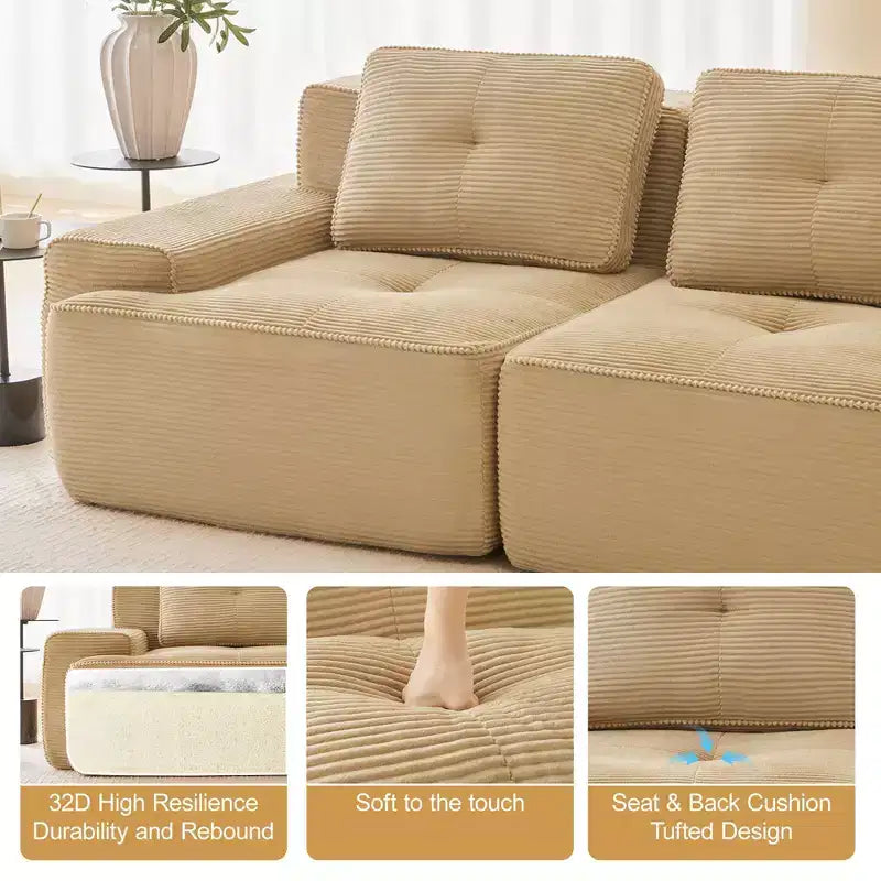 82 2-Seater Modern Camel L-Shaped Modular Sectional Sofa for Living Room, Corduroy Fabric Pearl-like piping Tufted Design No Assembly