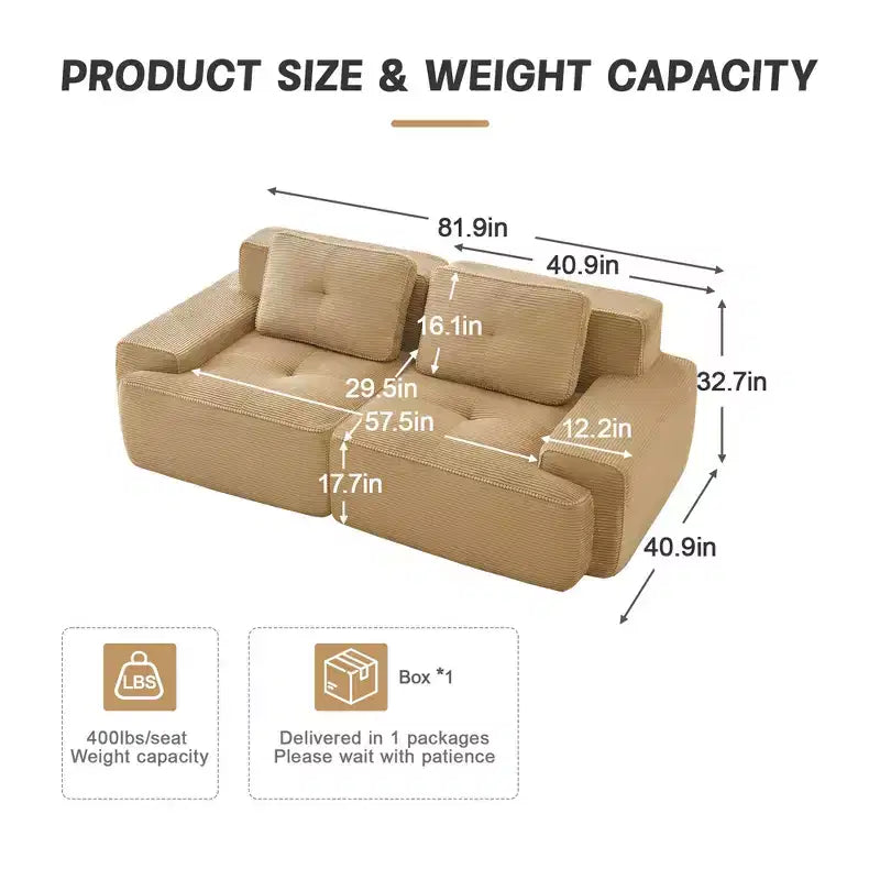 82 2-Seater Modern Camel L-Shaped Modular Sectional Sofa for Living Room, Corduroy Fabric Pearl-like piping Tufted Design No Assembly