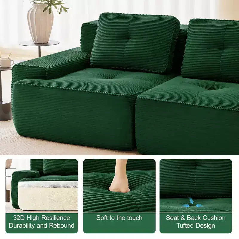 82 2-Seater Modern Camel L-Shaped Modular Sectional Sofa for Living Room, Corduroy Fabric Pearl-like piping Tufted Design No Assembly