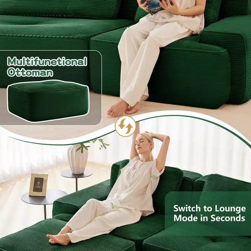 82 2-Seater Modern Camel L-Shaped Modular Sectional Sofa for Living Room, Corduroy Fabric Pearl-like piping Tufted Design No Assembly