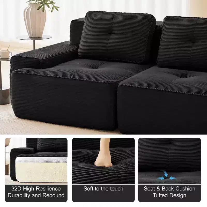 82 2-Seater Modern Camel L-Shaped Modular Sectional Sofa for Living Room, Corduroy Fabric Pearl-like piping Tufted Design No Assembly