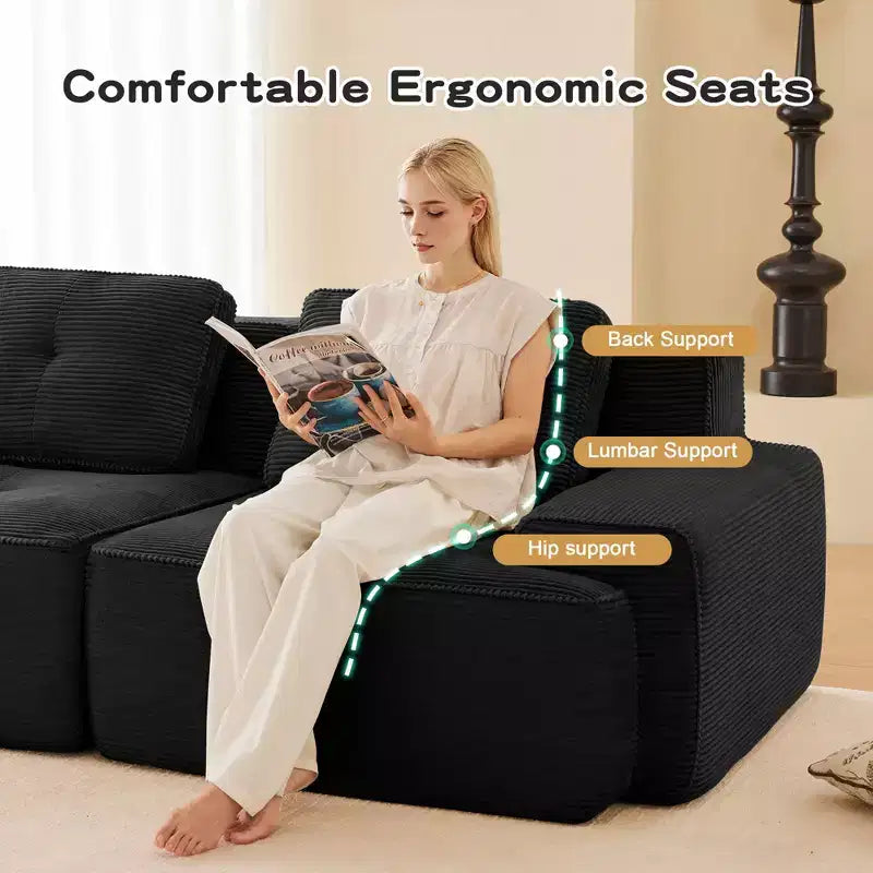 82 2-Seater Modern Camel L-Shaped Modular Sectional Sofa for Living Room, Corduroy Fabric Pearl-like piping Tufted Design No Assembly