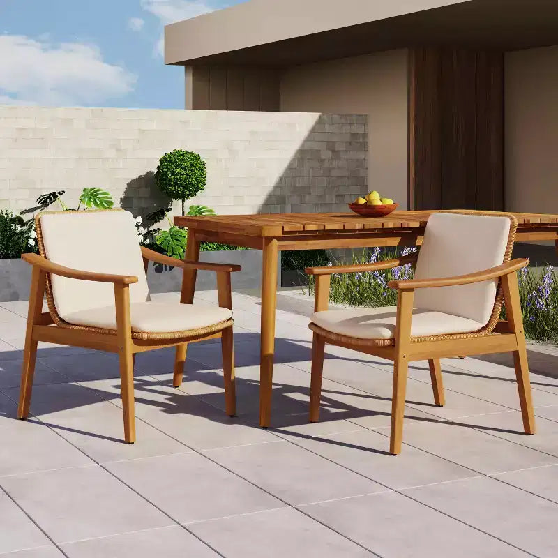 MAYEERTY Set of 2 Patio Acacia Wood Outdoor Chairs with PE Wicker & Waterproof Cushion 400lbs Capacity