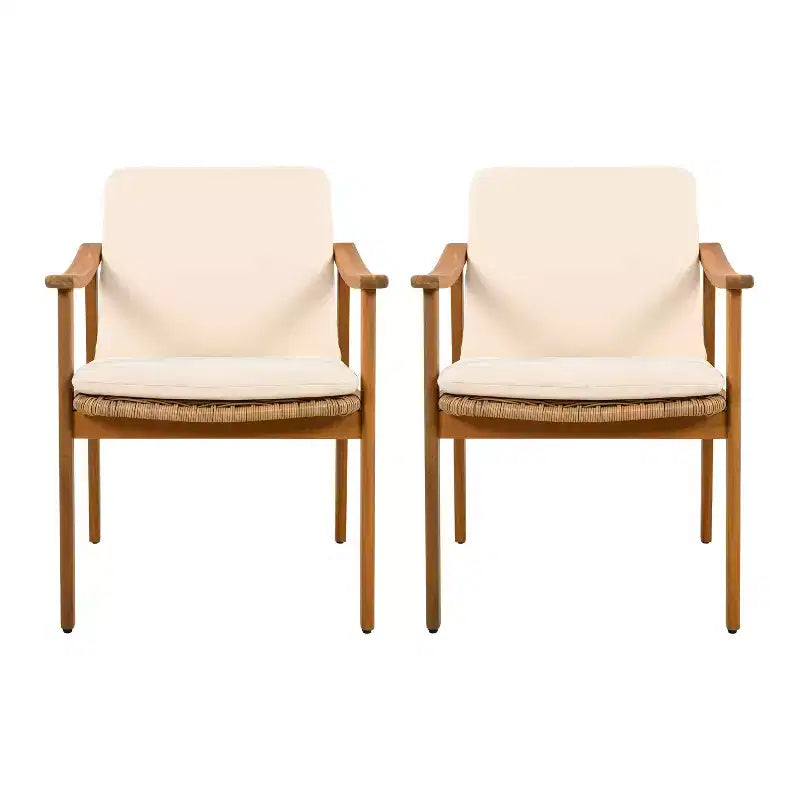 MAYEERTY Set of 2 Patio Acacia Wood Outdoor Chairs with PE Wicker & Waterproof Cushion 400lbs Capacity