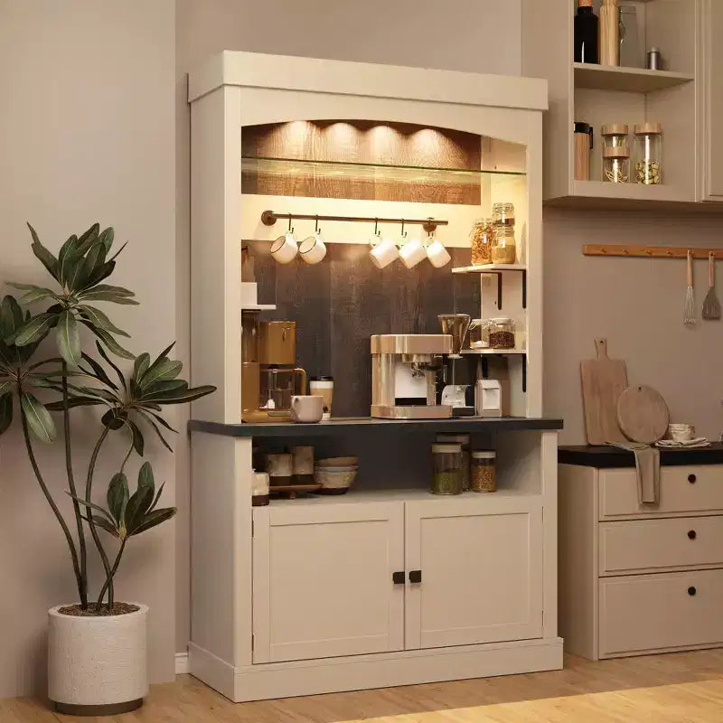 72'' Tall Coffee Bar Cabinet, Freestanding Kitchen Pantry Cabinet with Microwave Stand, Wood Cupboard Storage Cabinet for Kitchen Living Room