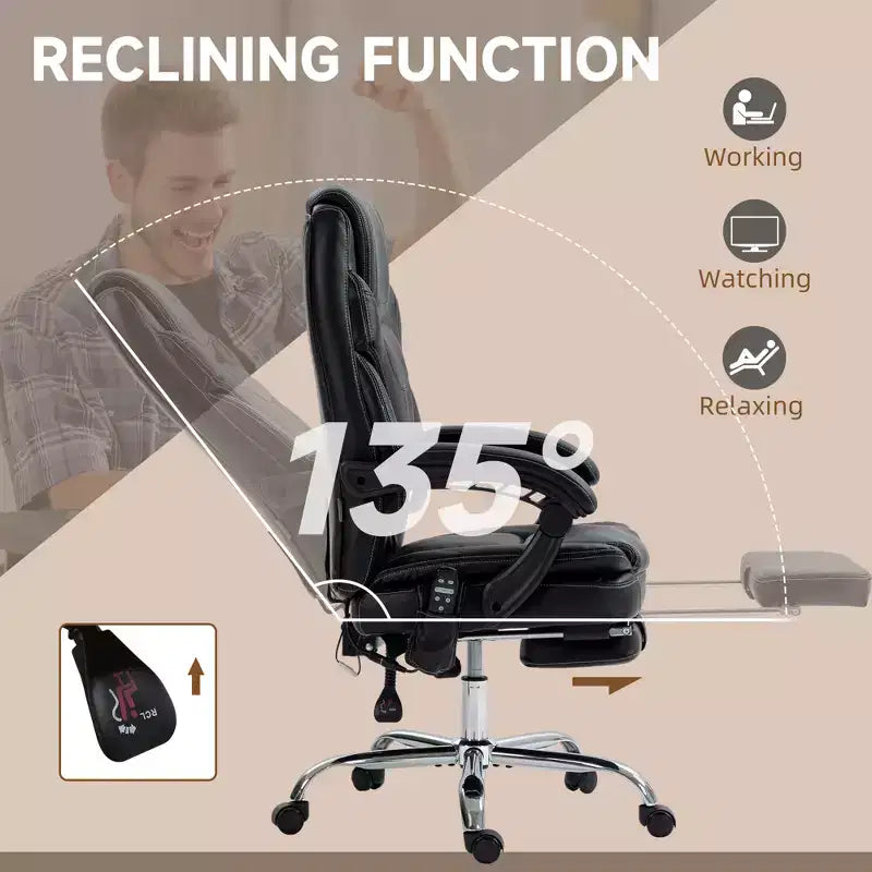 6 Point Vibration Massage Office Chair, PU Leather Heated Reclining Computer Chair with Footrest