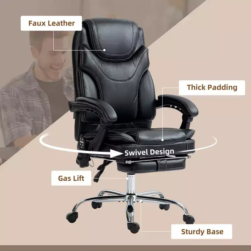 6 Point Vibration Massage Office Chair, PU Leather Heated Reclining Computer Chair with Footrest