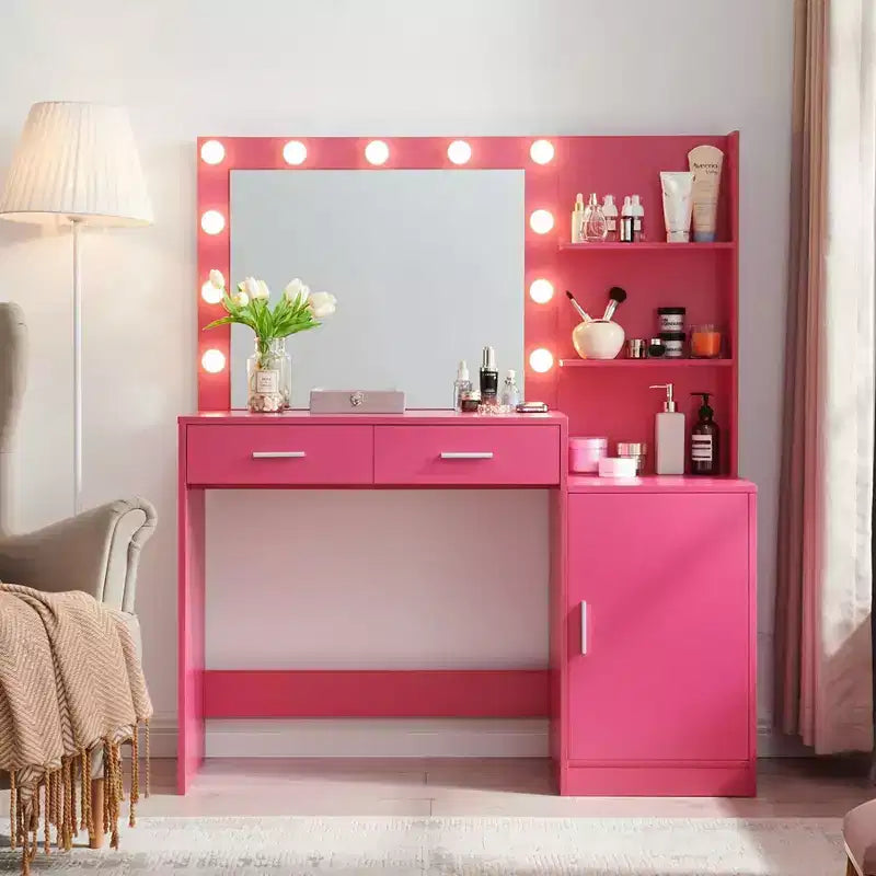 Okak 46.4IN Vanity Desk with Large Rectangular Mirror, Makeup Vanity with 2 Drawer and 1 Large Cabinet, Vanity Table for Bedroom, Living Room
