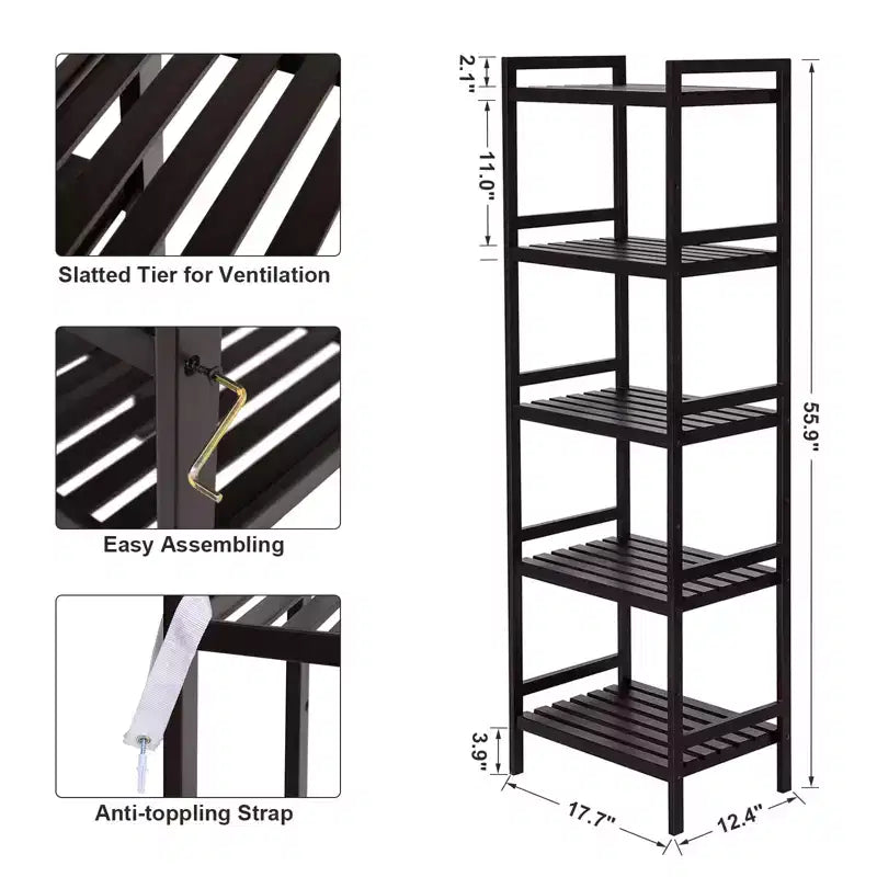 5-Tier Adjustable Storage Shelf, 55.9 Tall Shelving Unit, 9 HeightOptions, 132 lb Total Capacity, for Bathroom, Living Room, Kitchen, Brown