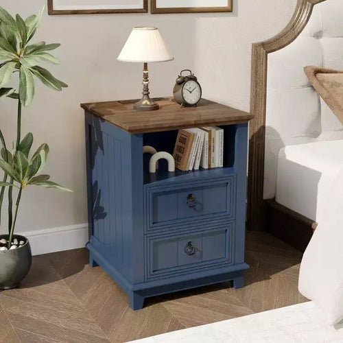 18Farmhouse Nightstand with Charging Station, Small Bedside Table Compact Wooden End Table with 2 Drawers for Bedroom Living Room
