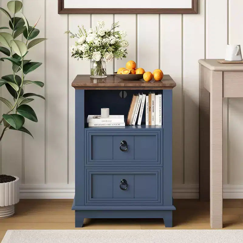 18Farmhouse Nightstand with Charging Station, Small Bedside Table Compact Wooden End Table with 2 Drawers for Bedroom Living Room