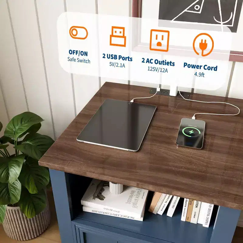 18Farmhouse Nightstand with Charging Station, Small Bedside Table Compact Wooden End Table with 2 Drawers for Bedroom Living Room