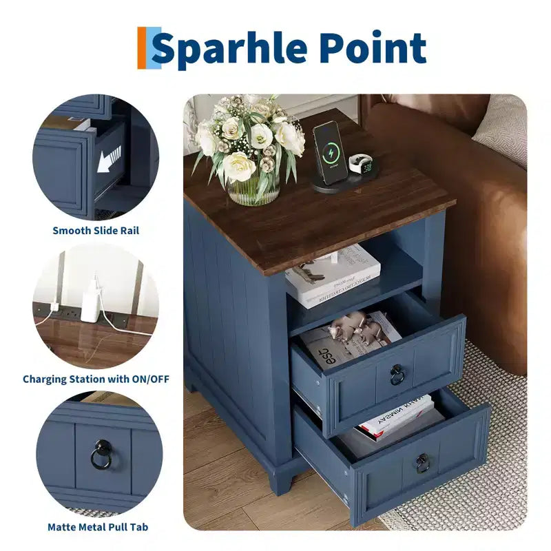 18Farmhouse Nightstand with Charging Station, Small Bedside Table Compact Wooden End Table with 2 Drawers for Bedroom Living Room