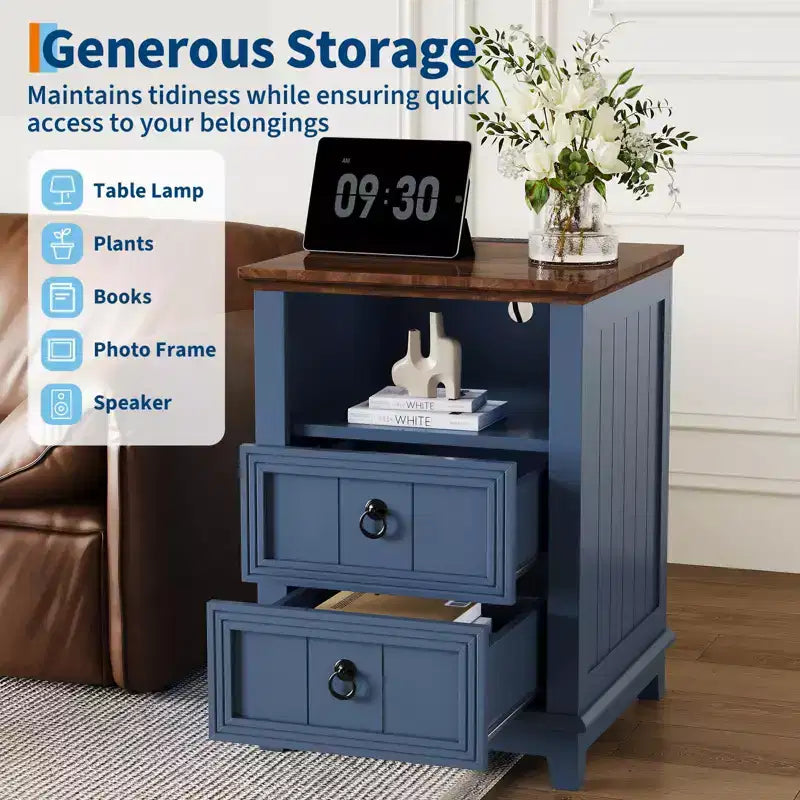 18Farmhouse Nightstand with Charging Station, Small Bedside Table Compact Wooden End Table with 2 Drawers for Bedroom Living Room