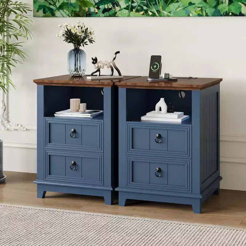 18Farmhouse Nightstand with Charging Station, Small Bedside Table Compact Wooden End Table with 2 Drawers for Bedroom Living Room