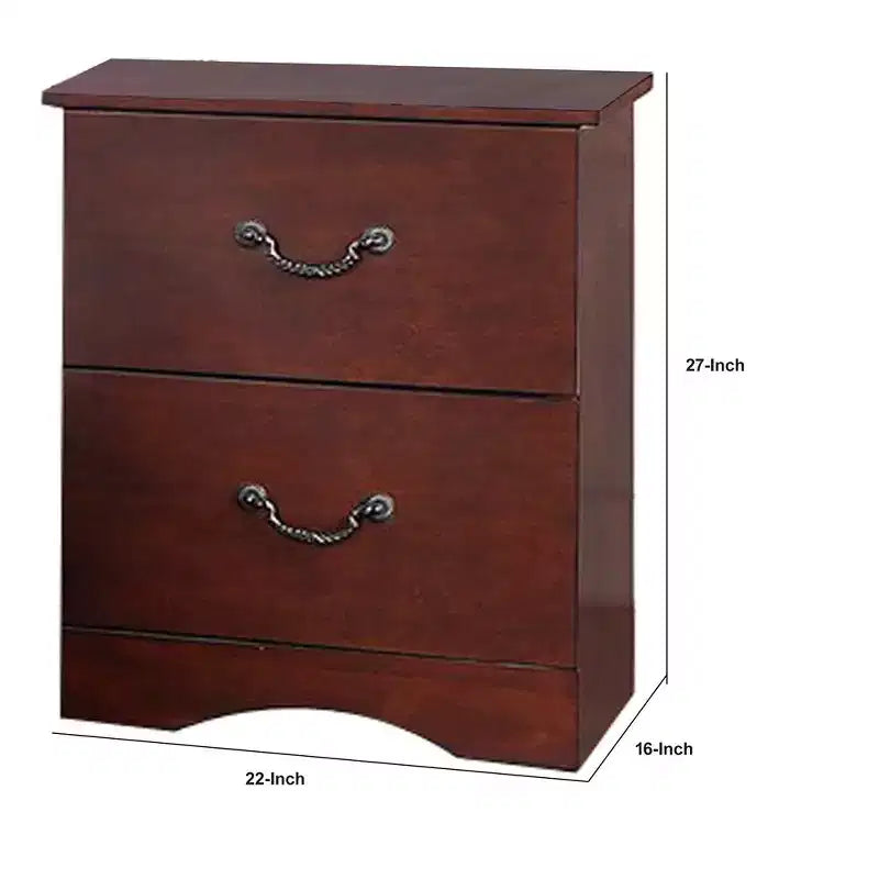 Royal Hampton 27 Inch 2 Drawer Nightstand, Pine Wood, Grain Details, Cherry Brown