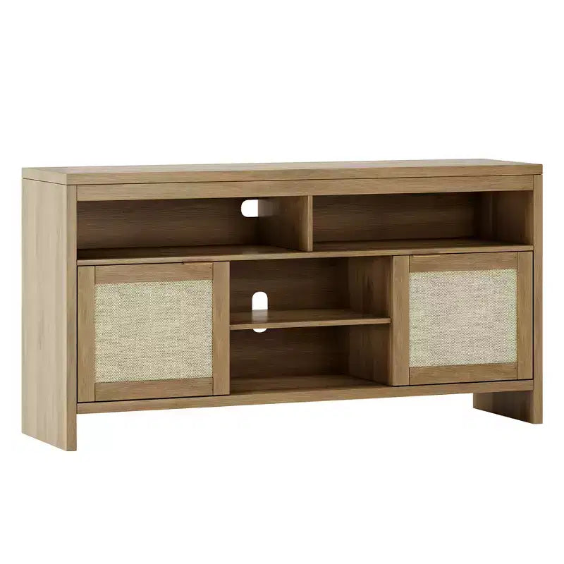 Farmhouse-Style Vintage Wicker TV Cabinet 58-inch Four-Shelf Double-Door Storage Unit Living Room, Bedroom, Office