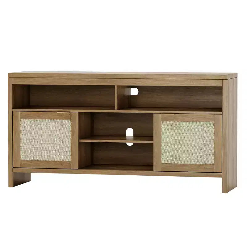 Farmhouse-Style Vintage Wicker TV Cabinet 58-inch Four-Shelf Double-Door Storage Unit Living Room, Bedroom, Office