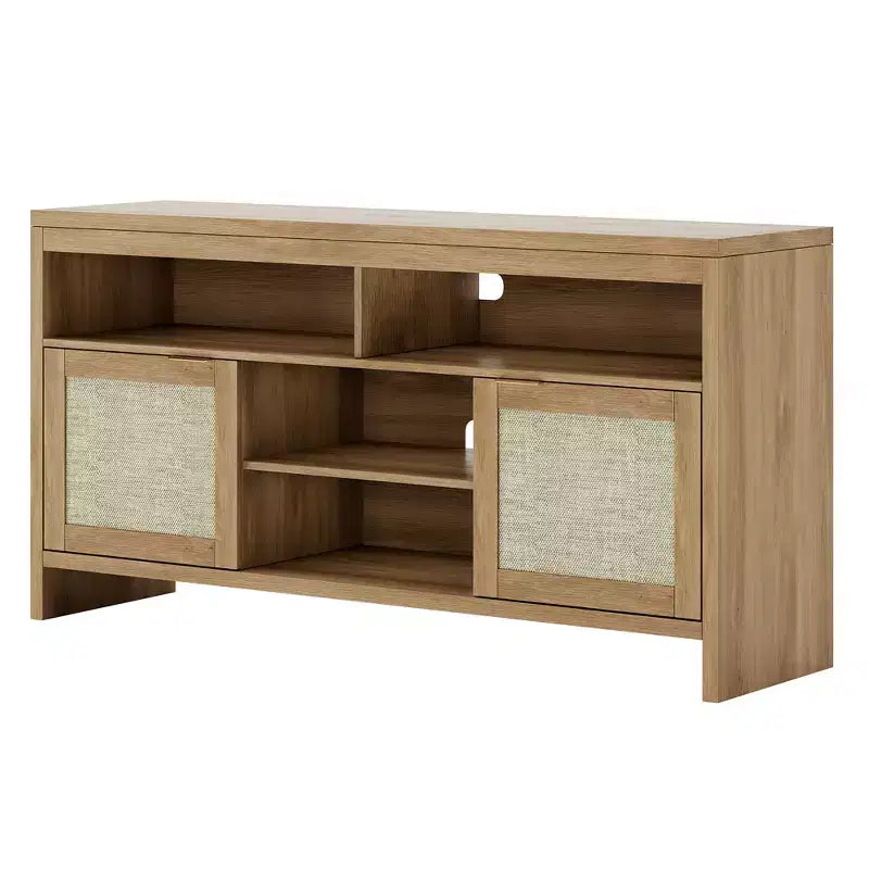 Farmhouse-Style Vintage Wicker TV Cabinet 58-inch Four-Shelf Double-Door Storage Unit Living Room, Bedroom, Office
