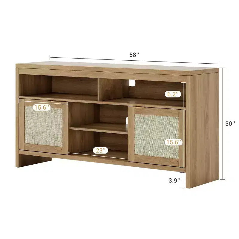 Farmhouse-Style Vintage Wicker TV Cabinet 58-inch Four-Shelf Double-Door Storage Unit Living Room, Bedroom, Office