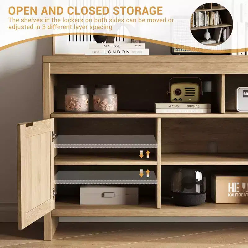 Farmhouse-Style Vintage Wicker TV Cabinet 58-inch Four-Shelf Double-Door Storage Unit Living Room, Bedroom, Office