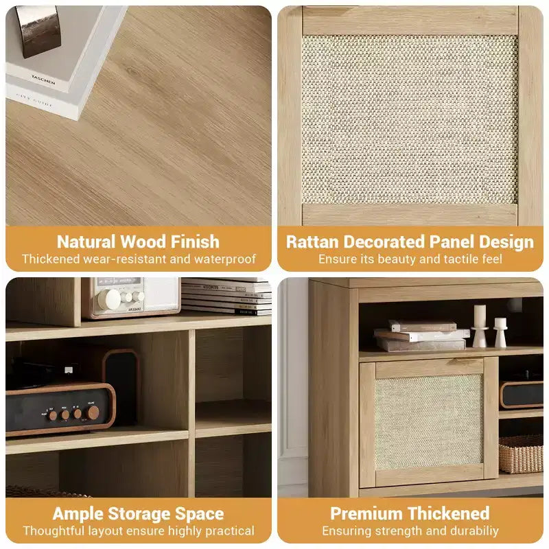 Farmhouse-Style Vintage Wicker TV Cabinet 58-inch Four-Shelf Double-Door Storage Unit Living Room, Bedroom, Office
