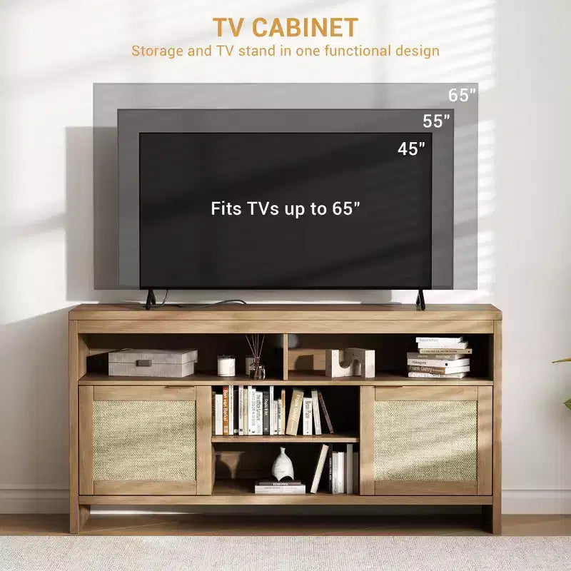 Farmhouse-Style Vintage Wicker TV Cabinet 58-inch Four-Shelf Double-Door Storage Unit Living Room, Bedroom, Office