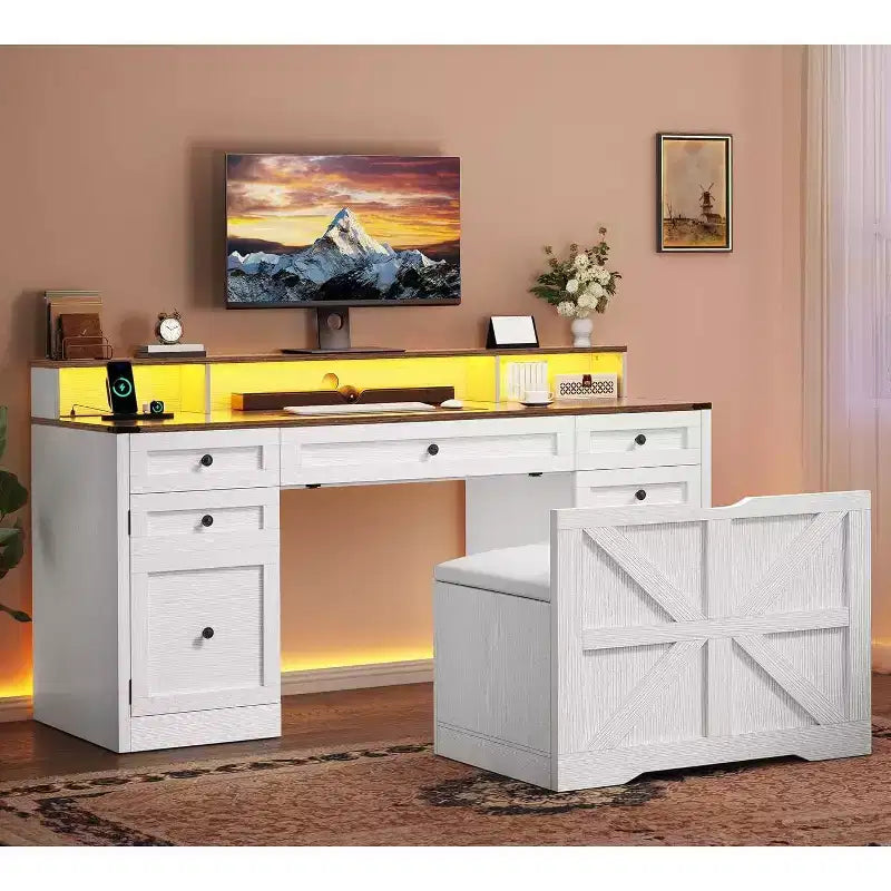 Computer Desk Stool Set with 5 Drawers Office Desk with Power Outlets & LED Lights with Storage Cabinet & Monitor Stand