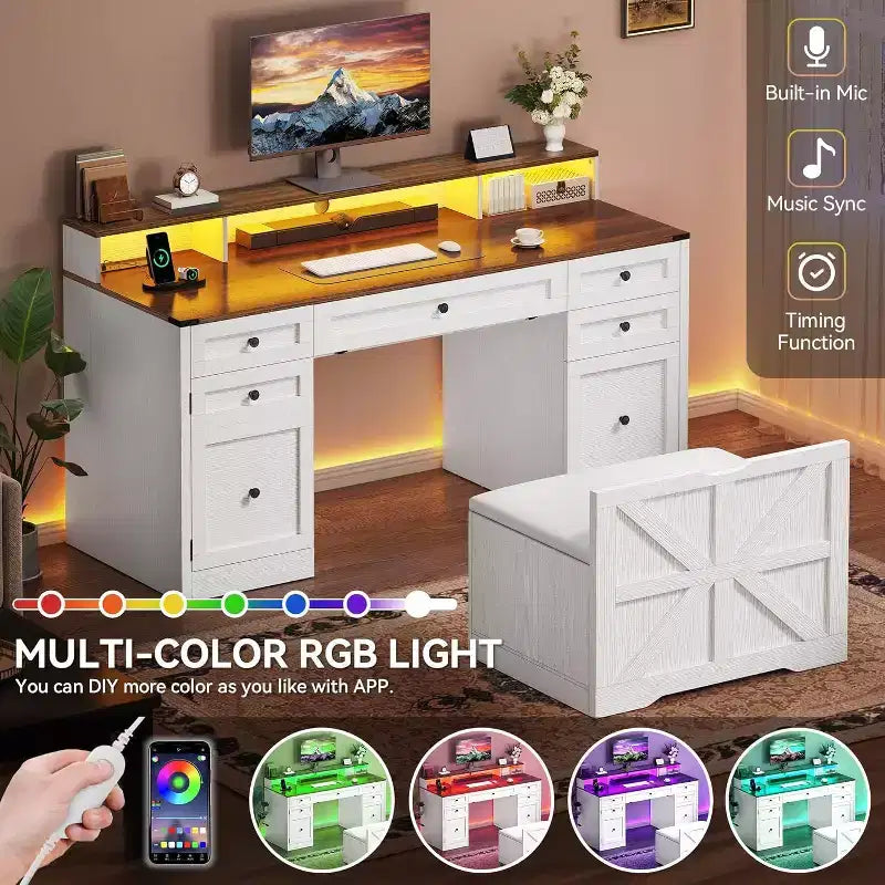 Computer Desk Stool Set with 5 Drawers Office Desk with Power Outlets & LED Lights with Storage Cabinet & Monitor Stand