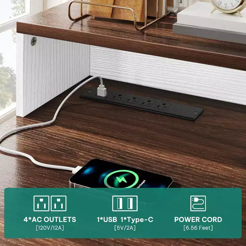 Computer Desk Stool Set with 5 Drawers Office Desk with Power Outlets & LED Lights with Storage Cabinet & Monitor Stand