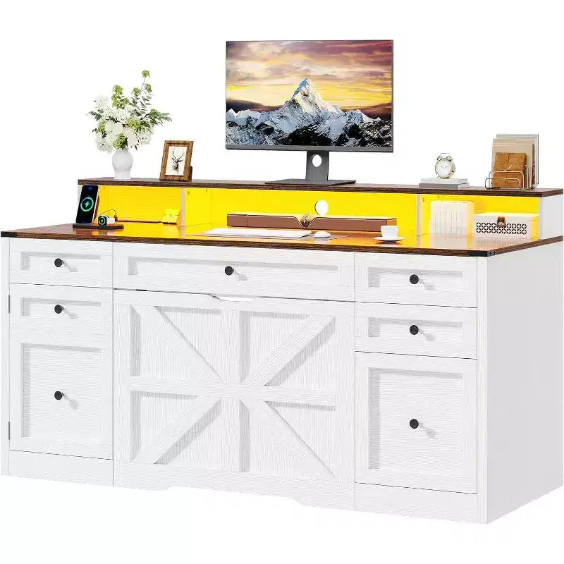 Computer Desk Stool Set with 5 Drawers Office Desk with Power Outlets & LED Lights with Storage Cabinet & Monitor Stand