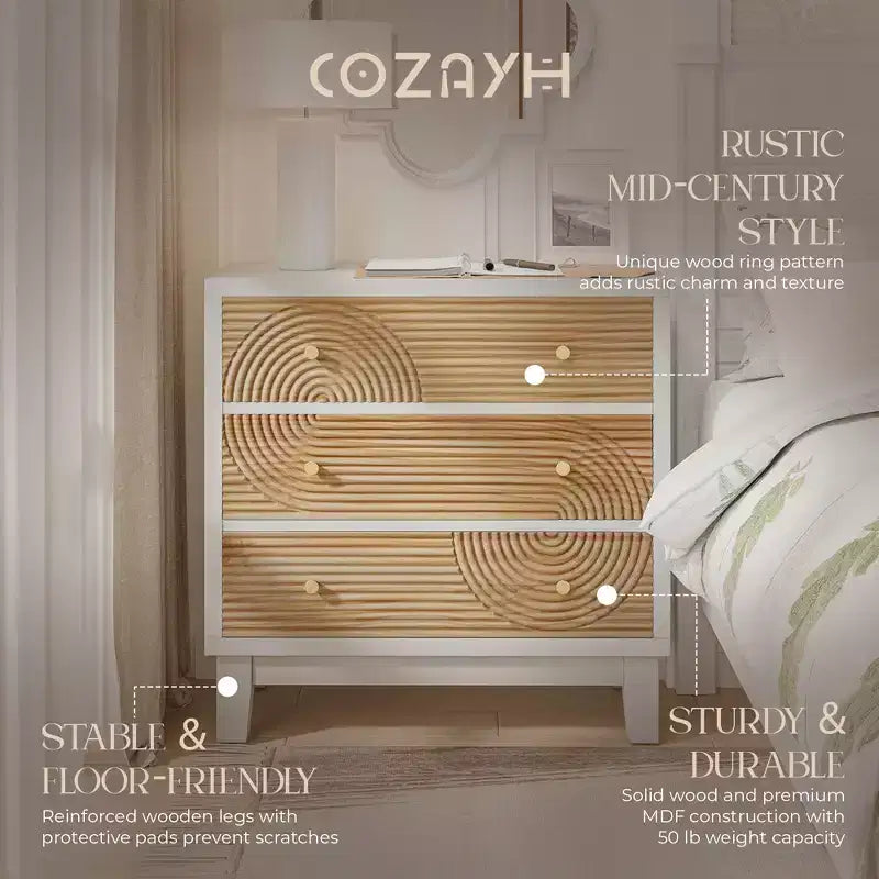 COZAYH 3-Drawer Farmhouse Dresser, Rustic Ring Motif Nightstand, White