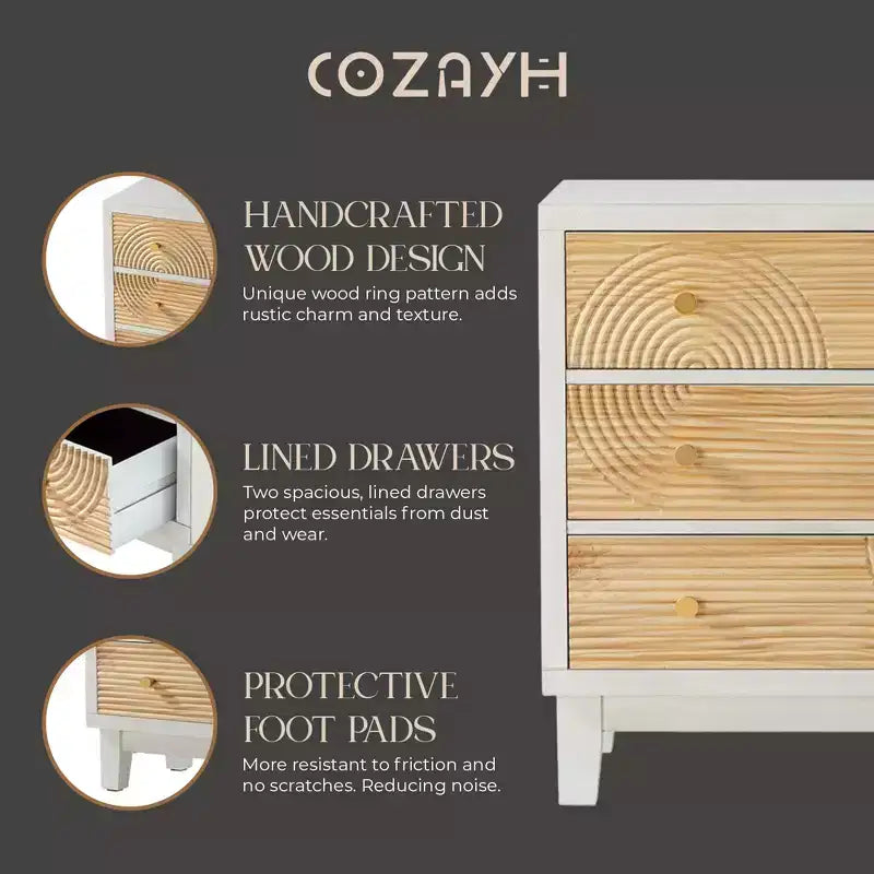 COZAYH 3-Drawer Farmhouse Dresser, Rustic Ring Motif Nightstand, White
