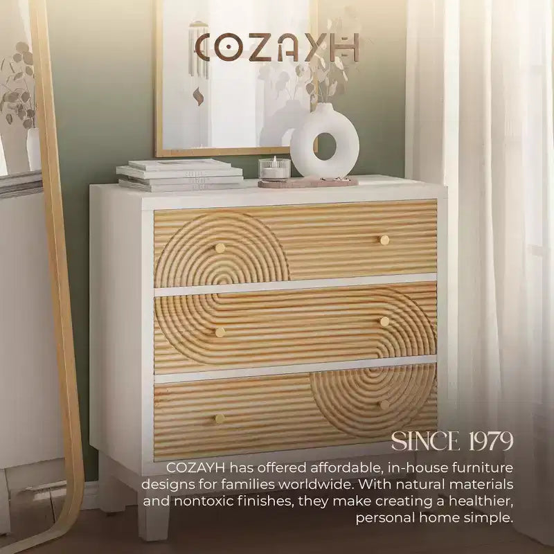 COZAYH 3-Drawer Farmhouse Dresser, Rustic Ring Motif Nightstand, White