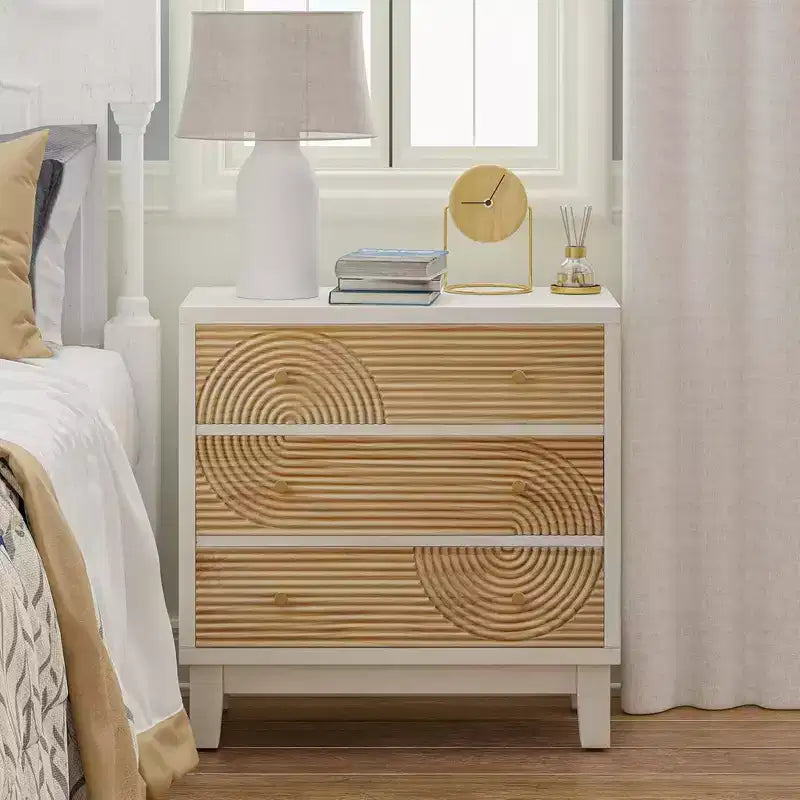 COZAYH 3-Drawer Farmhouse Dresser, Rustic Ring Motif Nightstand, White