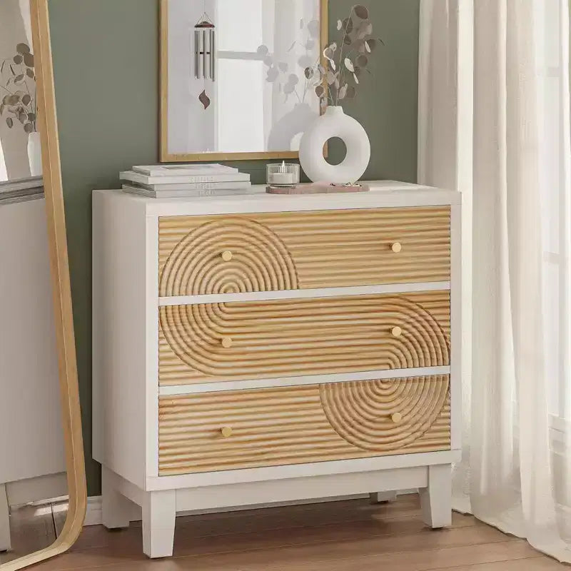 COZAYH 3-Drawer Farmhouse Dresser, Rustic Ring Motif Nightstand, White