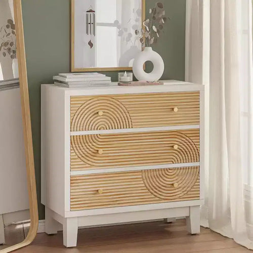 COZAYH 3-Drawer Farmhouse Dresser, Rustic Ring Motif Nightstand, White