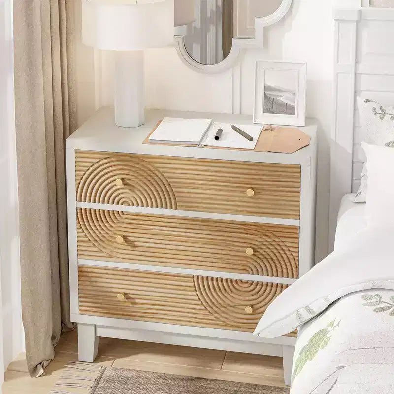 COZAYH 3-Drawer Farmhouse Dresser, Rustic Ring Motif Nightstand, White